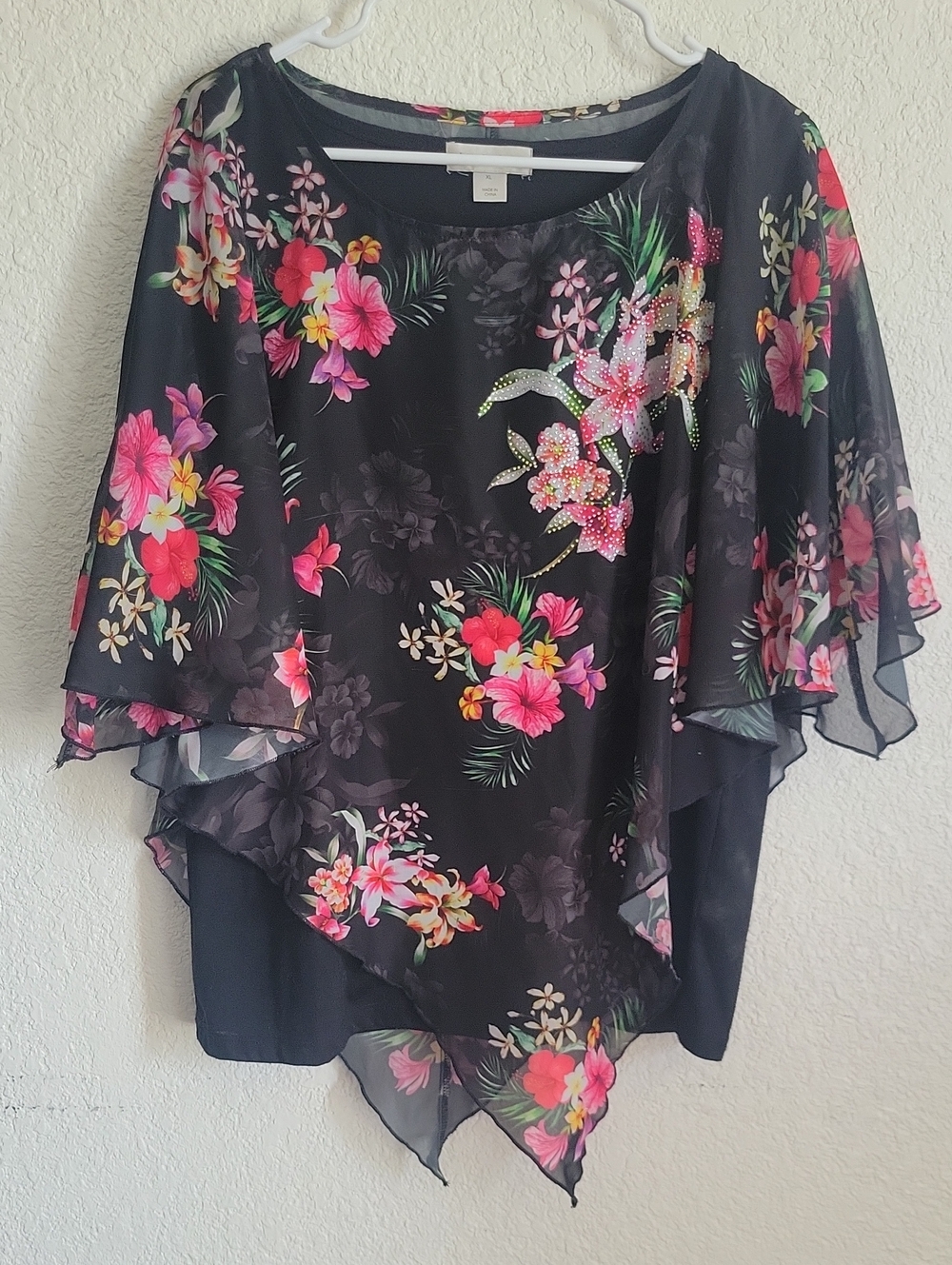 Christophet & Banks Floral Overlay Women's Top - Black with Pink & Green Accents